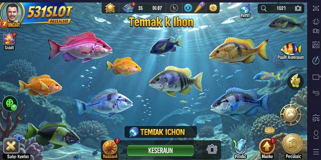 Screenshot permainan Tembak Ikan 531SLOT dengan ikan berwarna-warni.