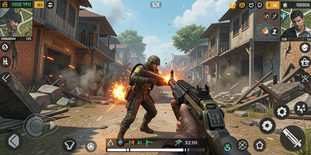 Screenshot gameplay 5ZK yang menunjukkan aksi tembak-menembak seru.
