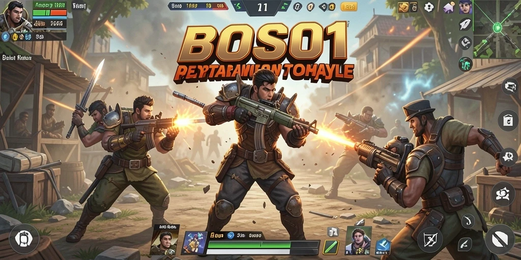 Screenshot gameplay BOS01 menampilkan aksi Battle Royale mendebarkan.