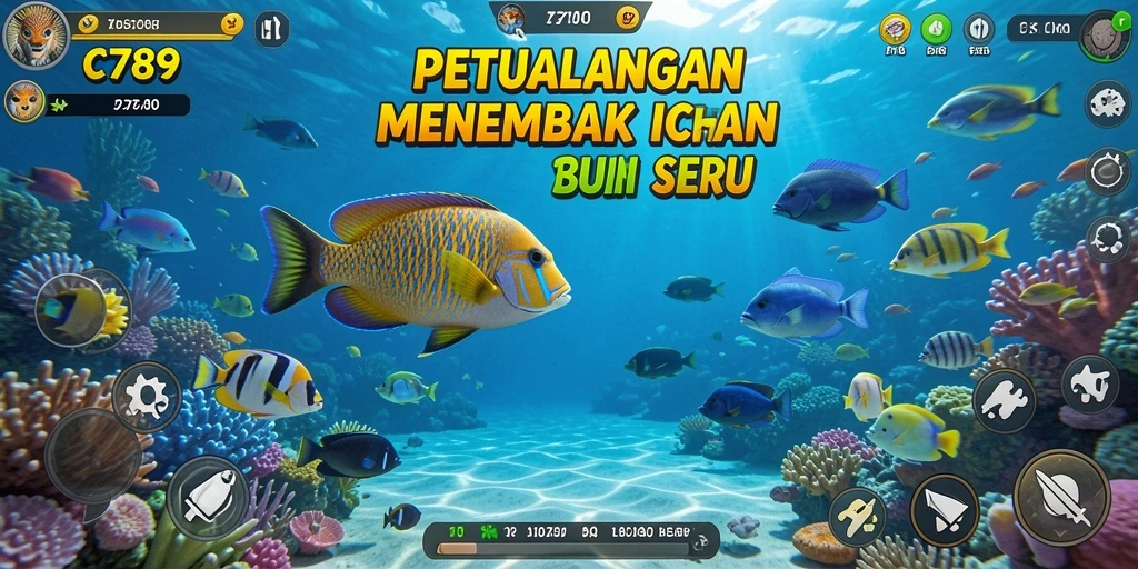 Screenshot gameplay C789 menampilkan keseruan menembak ikan di bawah laut.