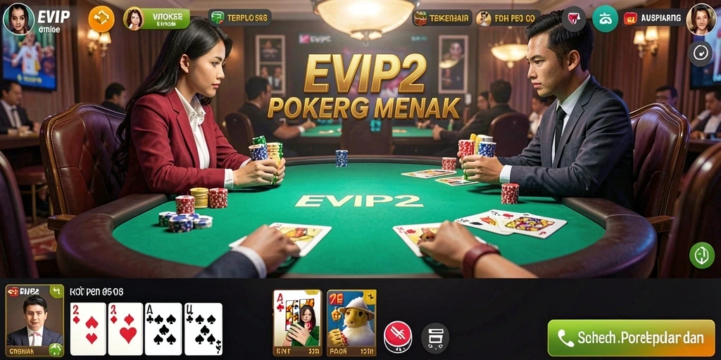 Tampilan screenshot gameplay EVIP2 yang menunjukkan suasana permainan Poker.