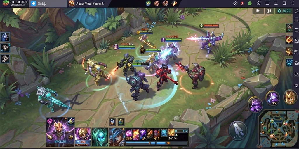 Gameplay seru di HOKILUCK dengan pertarungan karakter MOBA.