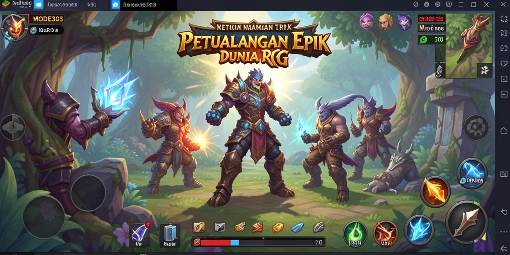 Screenshot utama MODE303 menampilkan aksi pertarungan dalam dunia RPG yang megah.