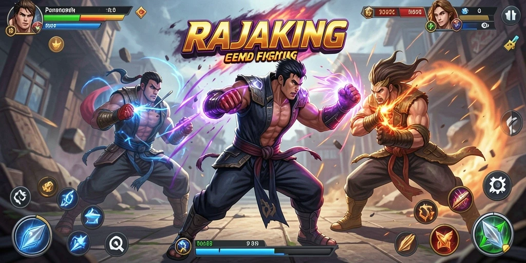 Gameplay RAJAKING dengan pertarungan seru dan karakter unik.